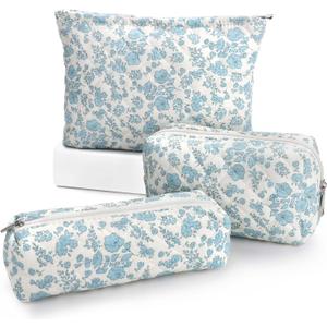 EIMMBD Makeup Bag 3 Pieces Large Capacity Cosmetic Bag Travel Toiletry Bag Organizer Cute Makeup Bag Pouch Storage Bag for Women(Blue White)