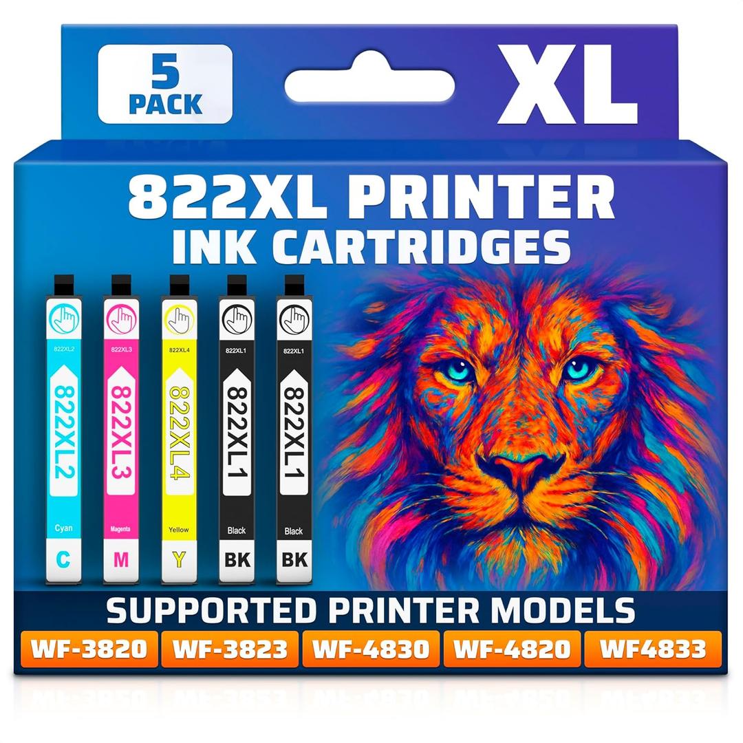 Reluen 5-Pack 822XL Printer Cartridges  High Capacity Replacement Set (2 Black, 3 Color) Compatible with WF-3820 / WF-4830 / WF-3823 / WF-4820 / WF-4833 / WF-4834 Printers