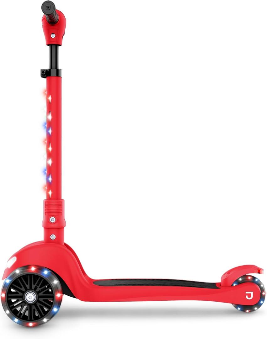 Jetson 3-Wheel Light-Up Kick Scooter, Lights on Stem & Wheels, Height Adjustable Handlebar, Rear Brake, Foldable, Ages 3+ (Jupiter Mini Red)