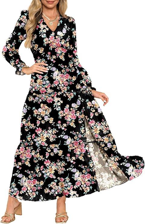 Dokotoo Women's Boho Maxi Dress Sexy V Neck Puff Long Sleeve Ruffle A-Line Split Swing Chiffon Dresses XL