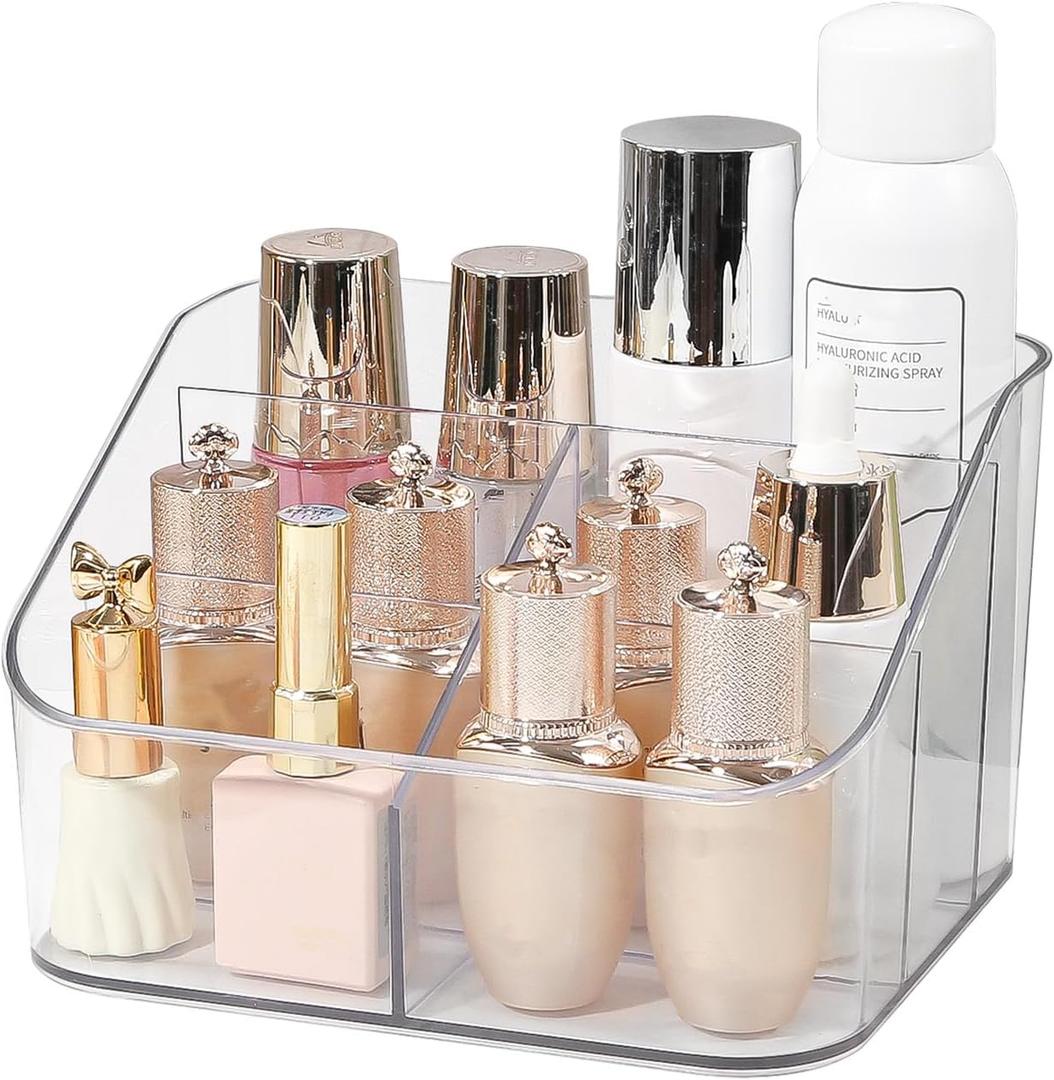 DASITON 5 Slots Makeup Brush Holder, Acrylic Make Up Brush Holder Organizer for Vanity, Bathroom Countertop, Small Makeup Organizer Brush Cup Cosmetic Brushes Storage, Pen Holder for Desk (Clear L)