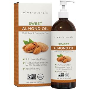 Viva Naturals Sweet Almond Oil, 16 fl. oz – Skin & Hair Moisturizer, Body & Massage Oil, Carrier Oil for Essential Oils, Non-Greasy & Pure
