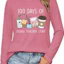 100 Days of School Shirt Teacher School Days Long Sleeve Shirts Funny 100 Days Celebration Tee Tops (Pink, L)