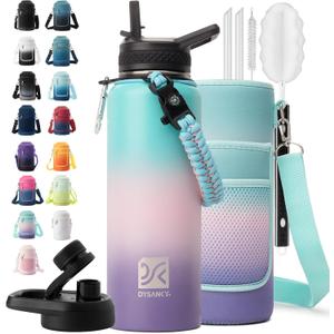 Insulated Water Bottle | Thickened Stainless Steel Vacuum Metal | Portable Sports Water Jug for Gym and Hiking with Straw, Carrier Bag, Handle Strap | BPA-Free 40 oz (Hydrangea)