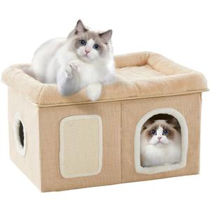 WINDRACING Cat Beds for Indoor Cats - Extra Wide Cat House for Pet and Foldable Cat Cave Bed with Scratch Pad, Cat Hideaway Condo for Kitten, 24.4x16.9x14.2 inches, Beige