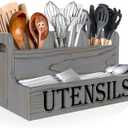 Suli Kitchen Utensils Holder, Wooden Utensil Organizer for Kitchen Countertop, Farmhouse Utensil Storage, Rustic Cooking Utensils ,4 Compartments,- Grey Grain