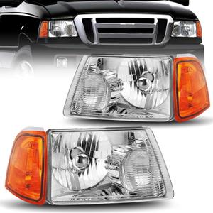 Headlight Assembly Compatible With 2001-2011 01-11 Ranger 2001 2002 2003 2004 2005 2006 2007 2008 2009 2010 2011 Ranger With Corner Light (Chrome Housing Amber Reflector)