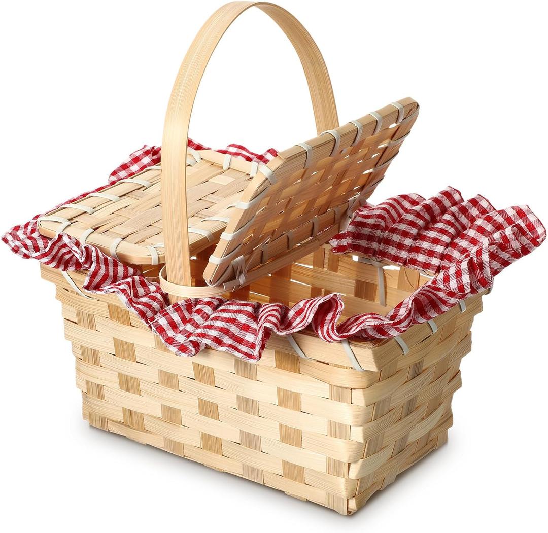 Mini Picnic Basket, Costume Accessory, Small Gingham Picnic Hamper for Halloween Women Costume Cosplay Accessory Hooded Cape Masquerade Dress up(Red and White)