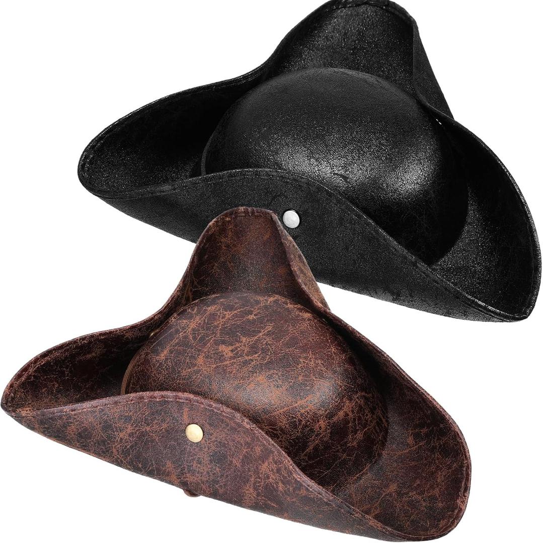 Ramede 2 Pcs Halloween Tricorn Pirate Hat Faux Leather Colonial Hat Distressed Style for Masquerade Cosplay Costume (One Size Fits Most, Brown, Black)