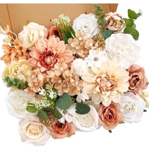 Artificial Flowers Combo Box, Fake Roses Dahlias Silk Flower with Wire Stem, DIY Wedding Bridal Bouquet Baby Shower Party Arrangement Home Dcor (Light Orange)