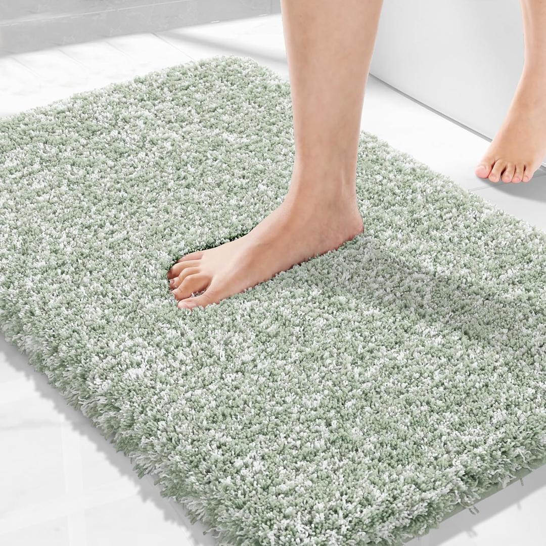Yimobra Plush Thick and Soft Cut Pile Bathroom mats, Super Shaggy Comfortable Quick Water Absorbing Non Slip Bath Rugs, Ultra Plush Thick with Machine Washable Bath Mat Light Green