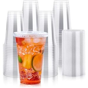 Lilymicky 60 Sets 24 oz Clear Plastic Cups With Flat Lids, 24 Ounce Disposable Drinking Cups With Lids for Ice Coffee, Smoothie, Slurpee, or Any Cold Drinks