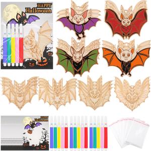 24 Set Wooden Halloween Coloring Crafts with Watercolor Pen Cards and Bags Halloween Painting Party Favors Color Your Own DIY Bat Blank Ornaments School Art Activities Stuffers Fillers