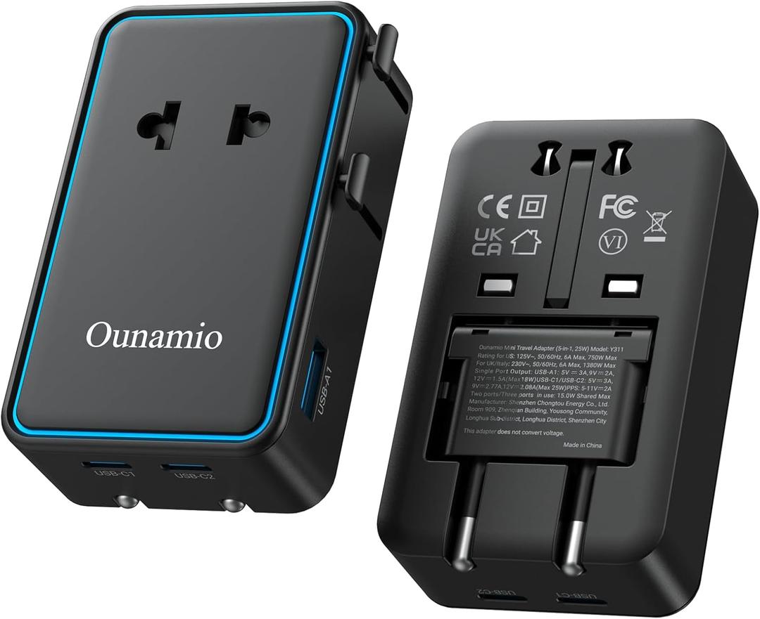 Universal Travel Adapter, 2026 Ultra-Slim Mini PD 25W 4-Port Power Adapter with 1 AC, 1 USB-A, and 2 USB-C Ports, Smart Temperature Control, Compatible for EU/UK/AU/AS, Ideal for Travel Essentials