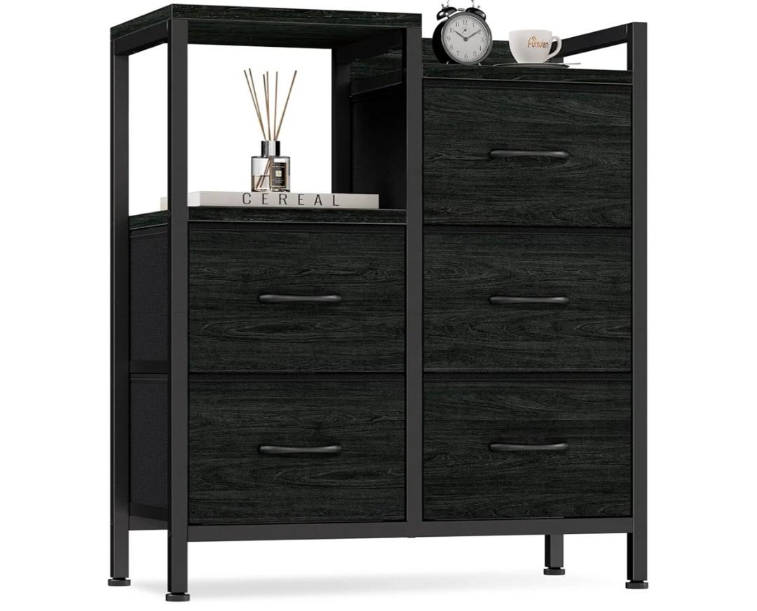 Furnulem 5 Drawer Black Dressers for Bedroom 2 Tier Shelf Storage Small Fabric Dresser for Closet Sturdy Metal Frame Modern Style Storage Cabinets Organization Units for Hallway Rooms