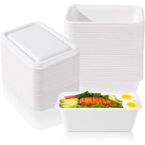 34 oz Disposable Food Containers with Lids 50 Pack Sugarcane Pulp Food Prep Containers Biodegradable Lunch Take out Box Compostable and Microwave Safe for Meal Prep(White)