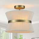 Zyzwmb Gold Semi Flush Mount Ceiling Light 2-Light Modern Drum Dining Room Lighting Fixture 12.6” Beige Fabric Lamp for Bedroom Entryway Hallway Foyer Kitchen Island Living Room Nursery