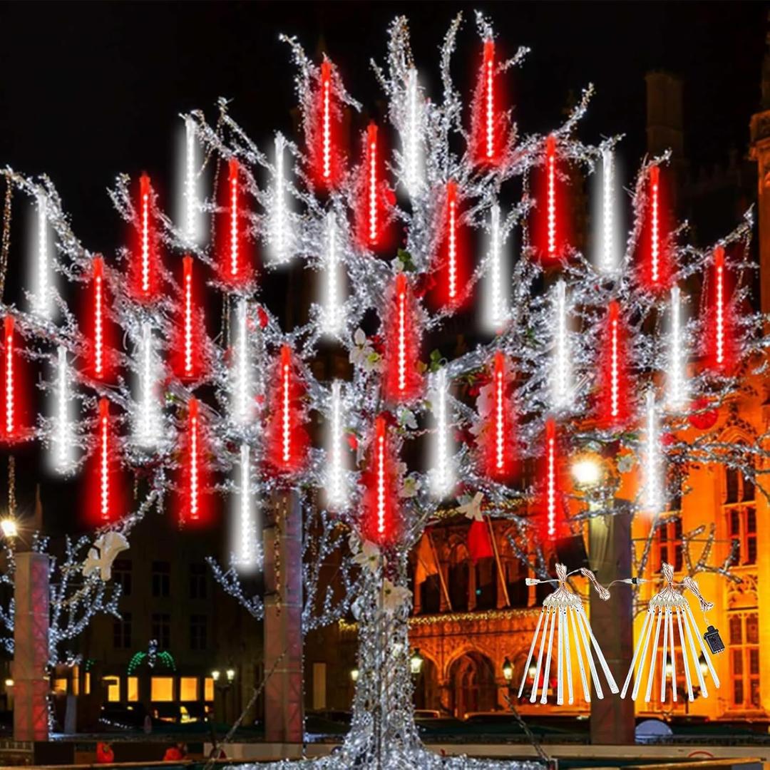2 Pack Christmas Decorations Lights Outdoor, Extendable Meteor Shower Lights with Timer, Total 384LED 30cm 16 Tubes Indoor Outdoor Snow Cascading String Light for Xmas Party Yard Decor (Red and White)