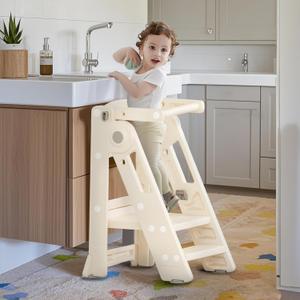 Foldable Toddler Tower Kitchen Step Stool for Sink Kids Adjustable Height Standing Tower for Children Montessori Learning Helper with Handles for Bathroom, Beige