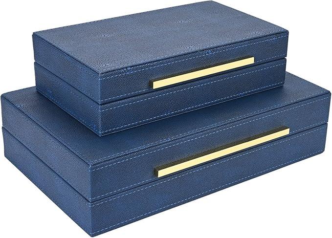 ZIKOUL Navy Blue Shagreen box Set of 2 Faux Leather Decorative Boxes,Large Nesting Storage Decorative Boxes with Lids for Modern Home Decor Stacking Jewelry Box Organizer