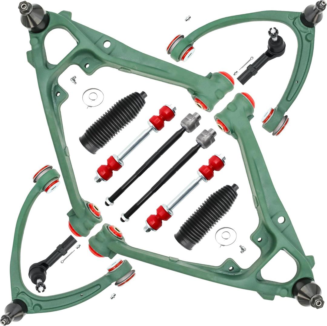 Front End 12pc Control Arms Suspension Kit for GMC Chevy Silverado Sierra Yukon XL Suburban 1500 Tahoe Avalanche Escalade ESV EXT, 4 Control Arms w/Ball Joints 4 Tie Rods 2 Sway Bars 2 Boots