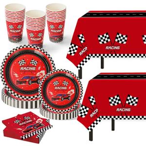 Childom 102 PCS Racing Car Tableware Sets,Race Car Birthday Party Supplies,Disposable Racing Tablecloths,Plates Cups Napkins,Cars Themed Tableware Set for Boys Birthday,Kids Parties,Racing Party Decor