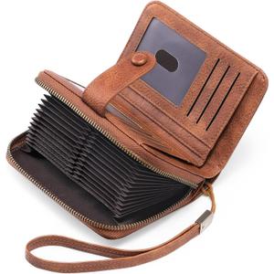 GAEKEAO Leather Credit Card Holder Wallet for Women RFID Blocking Large Capacity Bifold Zipper Card Case Organizer with Wristlet 32 Slots