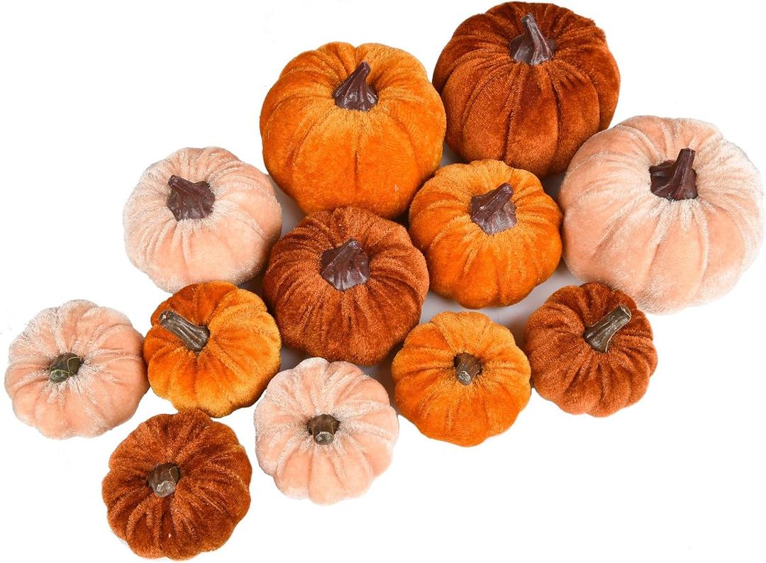 Lvydec Velvet Pumpkins Set Harvest Decoration, 12pcs Assorted Size Orange Cloth Pumpkins for Table Decoration Halloween Thanksgiving Autumn Festive Home Decor