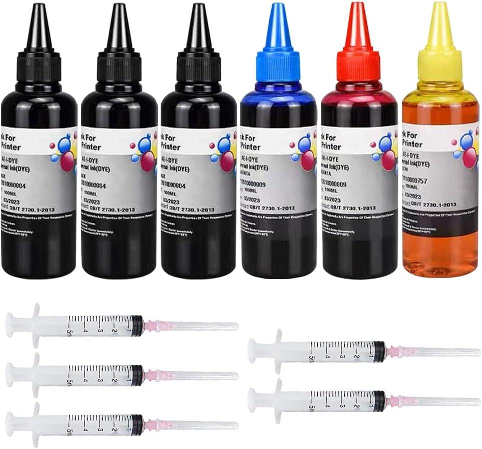6-Pack Universal Dye Ink Refill Kit for All HP Canon Epsn Brother Printers Compatible Cartridges Refillable Cartridge CISS CIS System with 6 Syringes(6x100ML 3BK, 1C. 1M, 1Y)