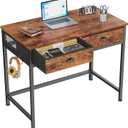 Furologee Small Computer Desk with 2 Fabric Drawers for Bedroom,34 Inch Home Office Writing Desk, Vanity Desk with Hooks, Simple Study Desk for Small Spaces, Makeup Dressing Table, Rustic Brown
