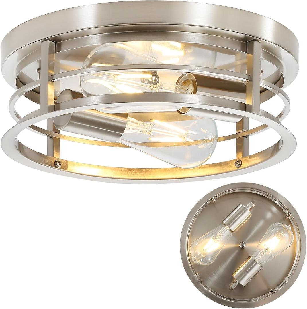 2-Light Round Flush Mount Ceiling Light, Farmhouse Brushed Nickel Metal Cage Close to Ceiling Light Fixture, 11inch E26 Base Semi Ceiling Mount Lamp, Modern Pendant Lighting for Porch Hallway (Silver)