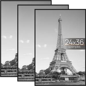 upsimples 24x36 Poster Frame Black 3 Pack, Scratch-Proof Picture Frames 24 x 36 for Photo Gallery - Slide-In Strips, Horizontal or Vertical Wall Mounting