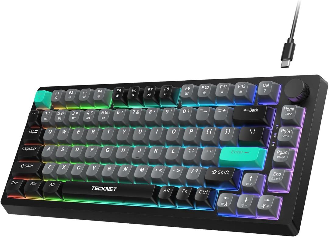 TECKNET Gaming Keyboard, 75% Wired Keyboard, RGB Backlit, 82-Keys with Volume Knob Control, 26 Keys Anti-ghosting, Whisper Quiet Gaming Switch Travel Friendly for Windows Laptop PC Mac-Grey