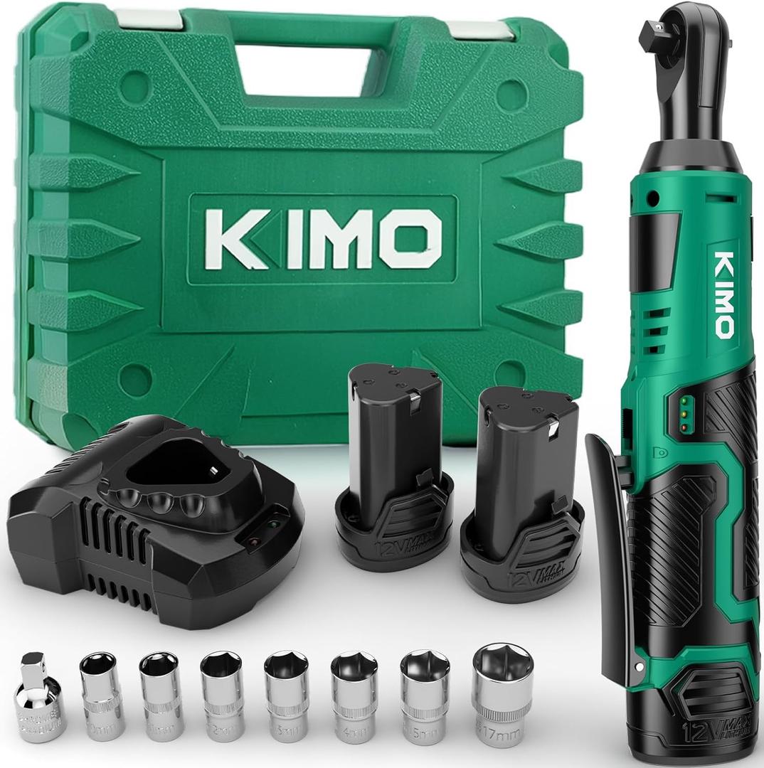 KIMO Cordless Electric Ratchet Wrench Set, 40Ft-lbs, 400RPM, 12V Cordless Ratchet Wrench 3/8" w/Variable Speed Trigger, 7Sockets, 1/4" Adapter, Forward/Reverse Switch, 2Battery Power Ratchet w/Charger