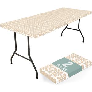 misaya 2 Pack 6 Foot Rectangle Picnic Tablecloth, Elastic Fitted Waterproof Table Cover, Windproof Washable Polyester Table Cloth for Camping, Indoor and Outdoor (Khaki, 30" x 72")