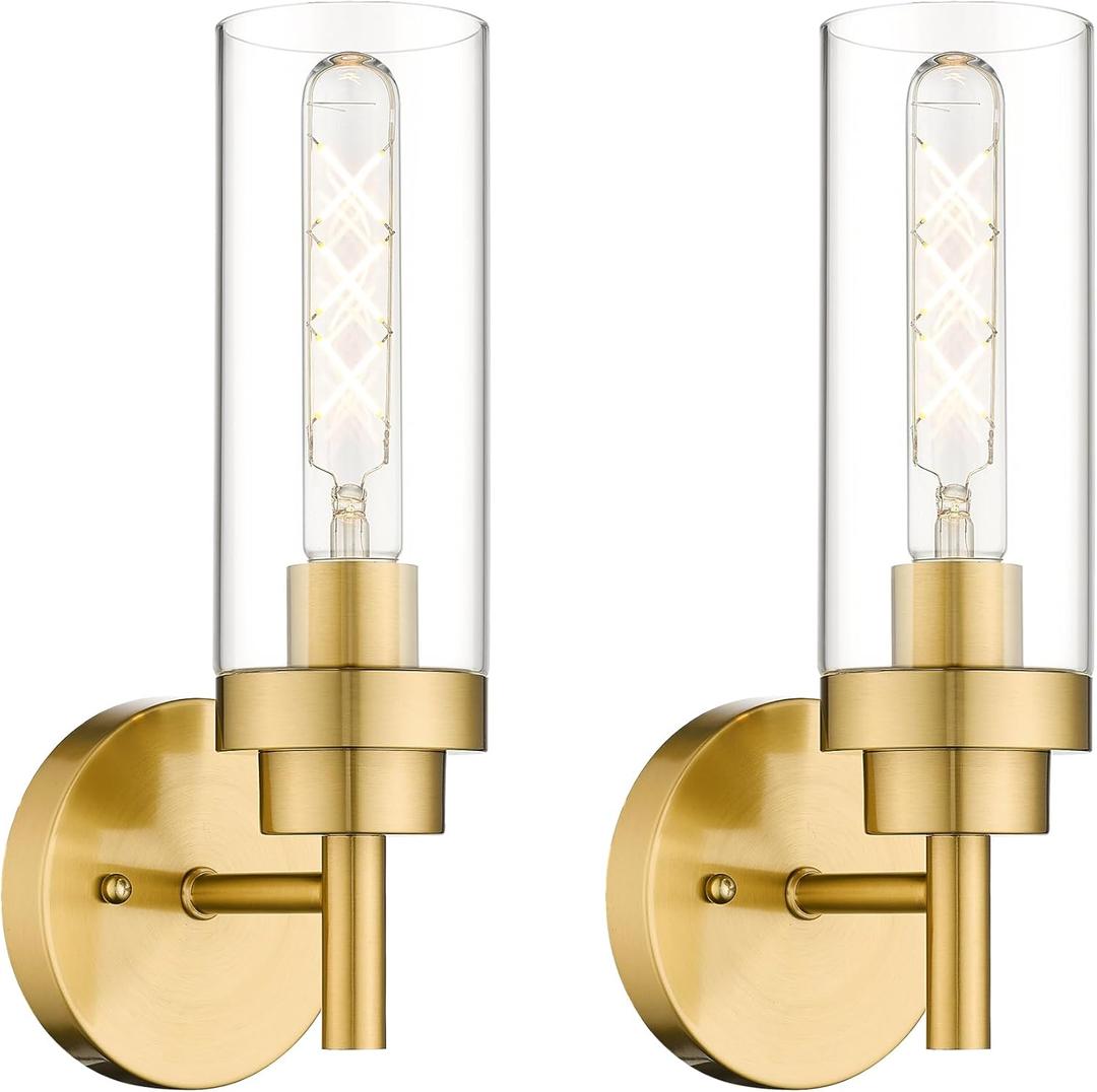Emak Brushed Gold Sconces Wall Decor Set of 2, Modern Bathroom Light Fixtures Wall Sconce with Clear Glass Shade for Bathroom, Bedroom, Living Room, Hallway, WS085-BGD-2PK (13 inch - 2PC)