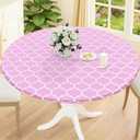 Smiry Round Picnic Tablecloth, Waterproof Elastic Fitted Table Covers for 45" - 56" Tables, Wipeable Flannel Backed Vinyl Tablecloths for Camping, Indoor, Outdoor, Pink & White, For Up to 45"-56" Round