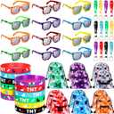 48 Pcs Pixel Miner Party Favors Pixelated Mining Birthday Party Supplies, Include 12 Pixel Miner Sunglasses, 12 Pixelated Theme Bracelet, 12 Pixelated Mining Keychains and 12 Pixel Mine Party Bag