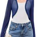Women Sheer Shrugs Long Sleeve Cropped Cardigan Open Front Bolero Shrug for Evening Dressy (Blue, XL)