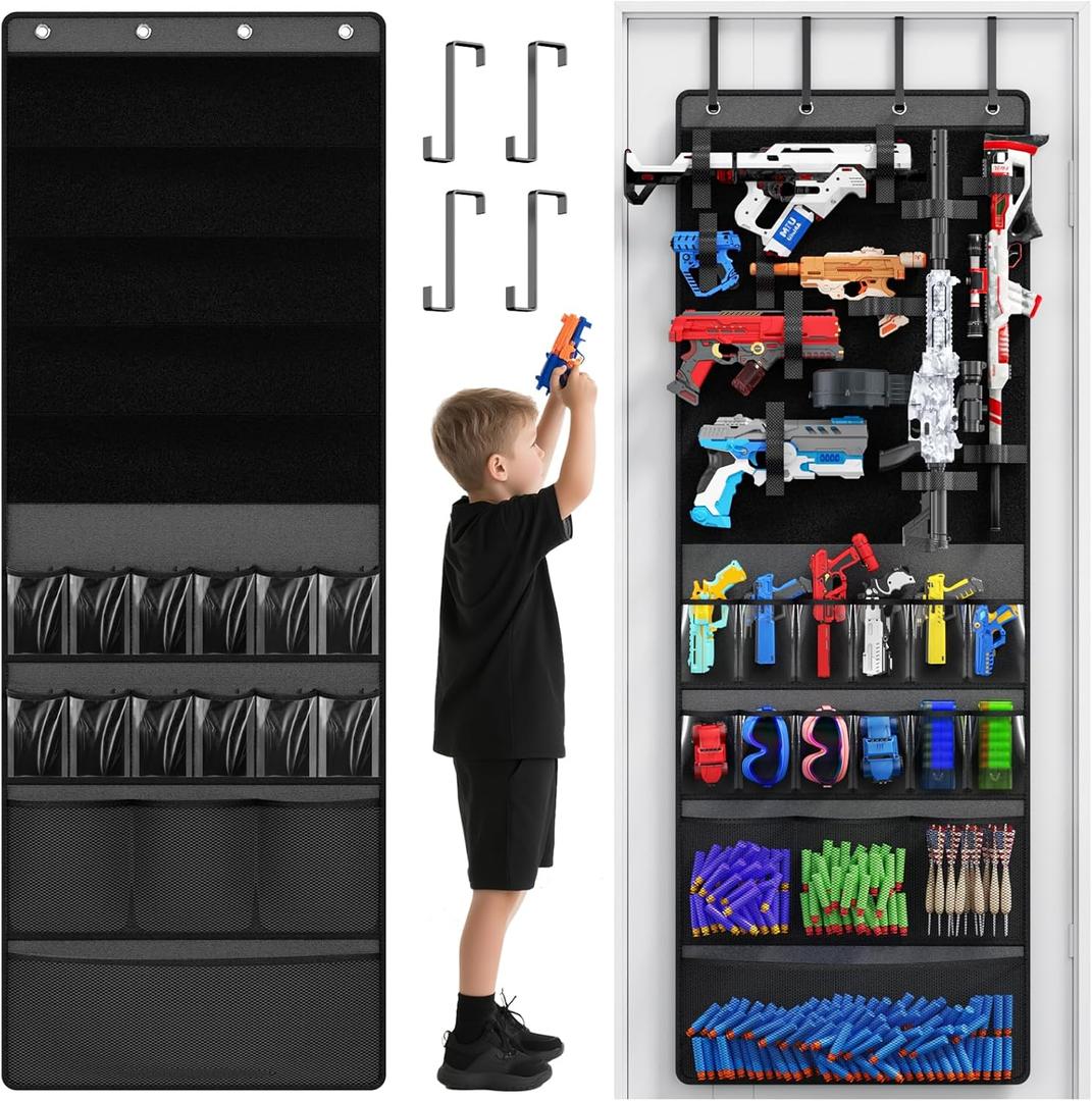 Over The Door Organizer for Toy Guns, Toys Storage Door Hanger with Pockets and Slots for Kids Foam Blasters, Darts, Goggles, Over Door Toys Storage Organizer, for Kids Rooms, Game Rooms, Gray (Large, Grey)