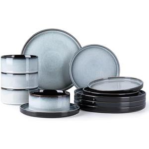 LERATIO Ceramic Dinnerware Sets for 4,Round Reactive Glaze Ceramic Plates and Bowls Set,Highly Chip and Crack Resistant | Dishwasher & Microwave Safe Dishes Set,Service for 4 (11pc)-Gray White