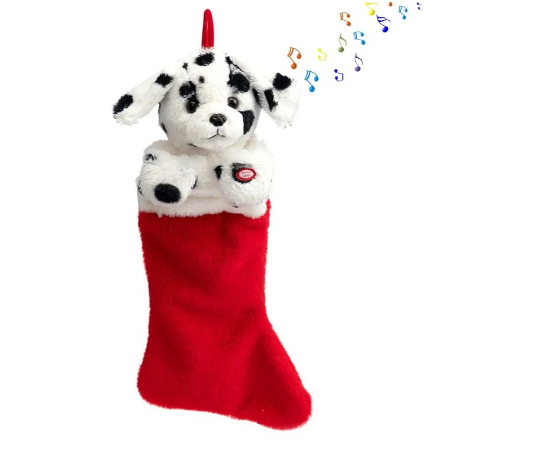 HollyHOME Christmas Stockings Animated Dalmatian Puppy Plush Head Stockings with Music and Flapping Ears Hanging Xmas Decoration Gift Socks Ornament 19 Inch