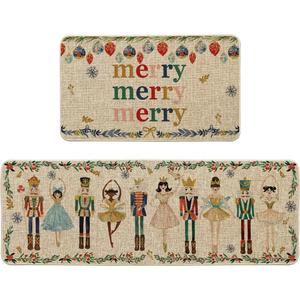 Artoid Mode Watercolor Nutcrackers Merry Christmas Decorative Kitchen Mats Set of 2, Home Party Low-Profile Kitchen Rugs - 17x29 and 17x47 Inch (Beige)