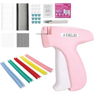 DELSI 9-in-1 Stitch Gun for Clothes, All-in-One Clothing Tagging Gun Kit with 6 Needles, 4000 Fasteners (25mm Black & White + 5mm Black, White & Colorful), 100 Silicon Buttons, Scissor & Manual (Baby Pink)