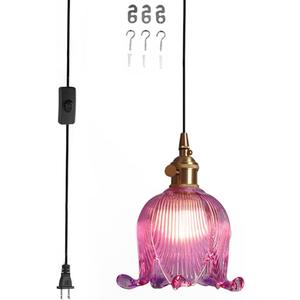 Hanging Swag Plug in Pendant Light Flower Shaped Purple Glass Plug Pendant Lamp with 15 ft Switch Cord Plug in Vintage Industrial Hanging Light for Kitchen Bedroom Background