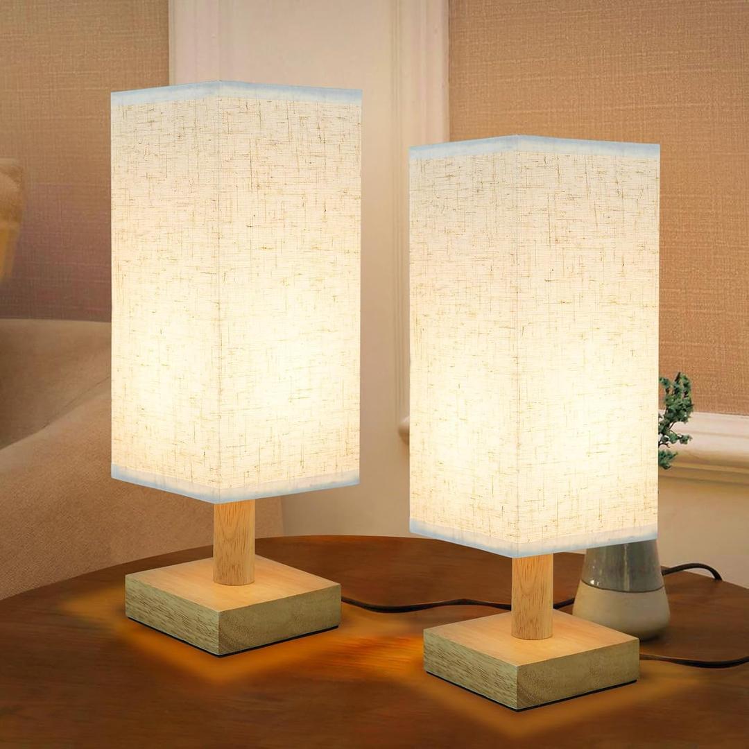 Small Bedside Table Lamps Set of 2, Minimalist Nightstand Lamp Set of 2 with Square Fabric Linen Shade, Mini Reading Night Stand Desk Lamp Set for Bedroom, Living Room, Office 4.3in