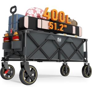 TIMBER RIDGE 51.2'' Extended Collapsible Wagon Cart with Brakes and Cargo Net, 500LBS Heavy Duty Foldable Utility Wagon with Adjustable Handle, 400L Capacity Portable Cart for Camping Sports Shopping