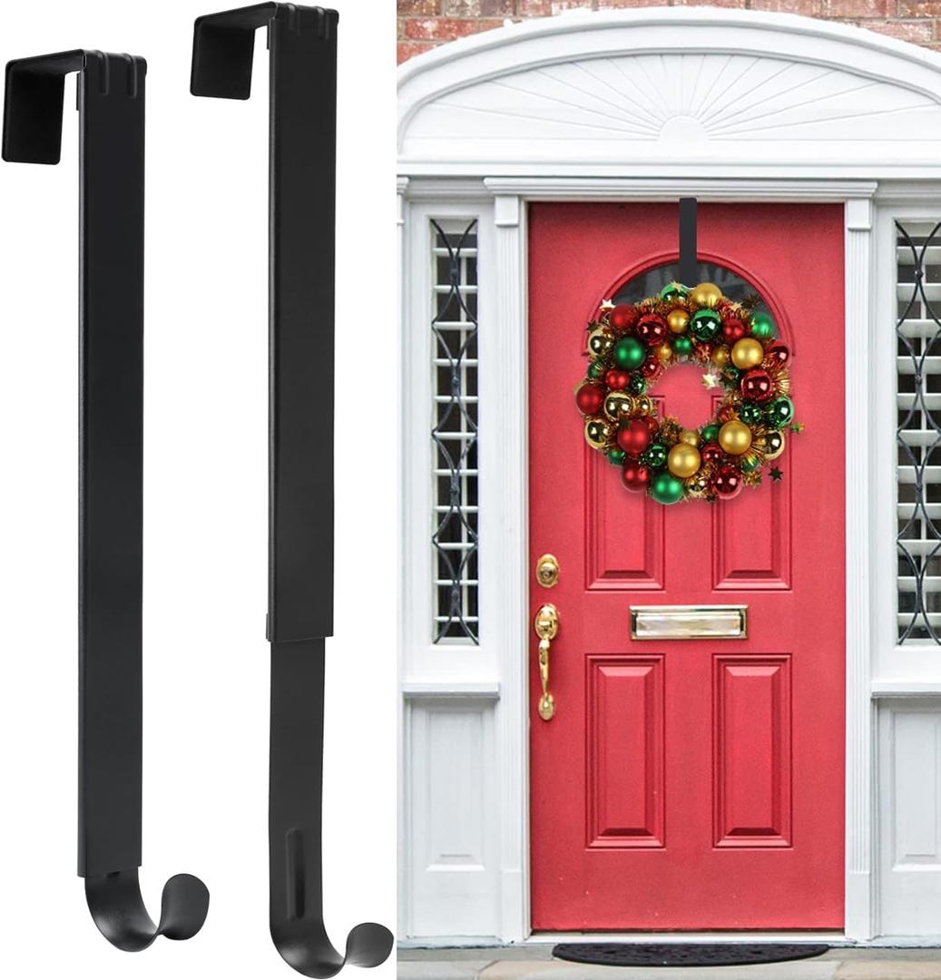HEYHOUSE Wreath Door Hanger, 2 Pack Adjustable Wreath Hanger for Front Door Decor Halloween Christmas Decorations from 14.9-25", Heavy Duty Metal Over The Door Hooks Organizer 20 lbs Indoor Outdoor (Black-15.6IN-2Pack)
