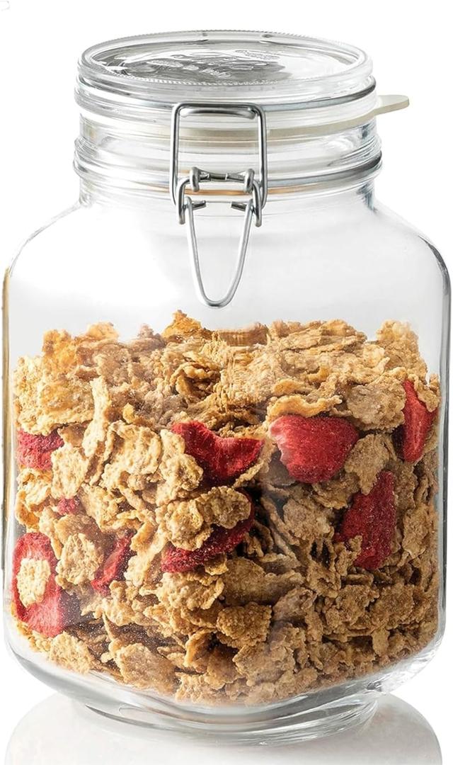 Bormioli Rocco Fido Wide Mouth Squared Glass Jar with Airtight Gasket Clamp Lid for Canning and Food Storage, 67.75 oz, Clear Top