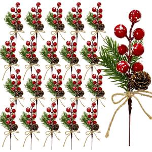 20 Pcs Artificial Pine Cone Snowflake Red Berry Picks Stems, 7.1" Fake Frosted Holly Berries Needles Branches with Pinecones Christmas Sprays Floral Leaves Xmas Tree DIY Holiday Party Decor